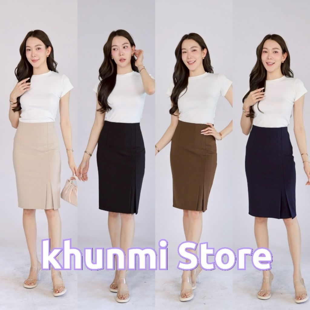 พร้อมส่ง กระโปรงเอวสูงทรงดินสอ รุ่นจีบซ้อน ยาว 25 นิ้ว 5 สี ซิปหลัง ผ่าหลัง