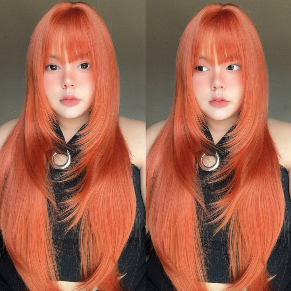 WIGSBYPORSCHESHOP วิกผมสีส้ม วิกผมยาวมีหน้าม้าสไลด์ลองเลเยอร์ ยาว 70 cm. สวยมาก ส่งฟรี แถมเน็ต