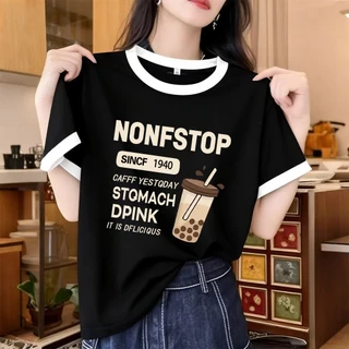 (อัปเกรดอย่างสมบูรณ์) เสื้อแขนสั้นคอกลมสไตล์เกาหลีสำหรับผู้หญิง พิมพ์ลายสกรีน ไม่ลอกง่าย มี 4 สีให้เลือก (ไซส์ M-XXXL)