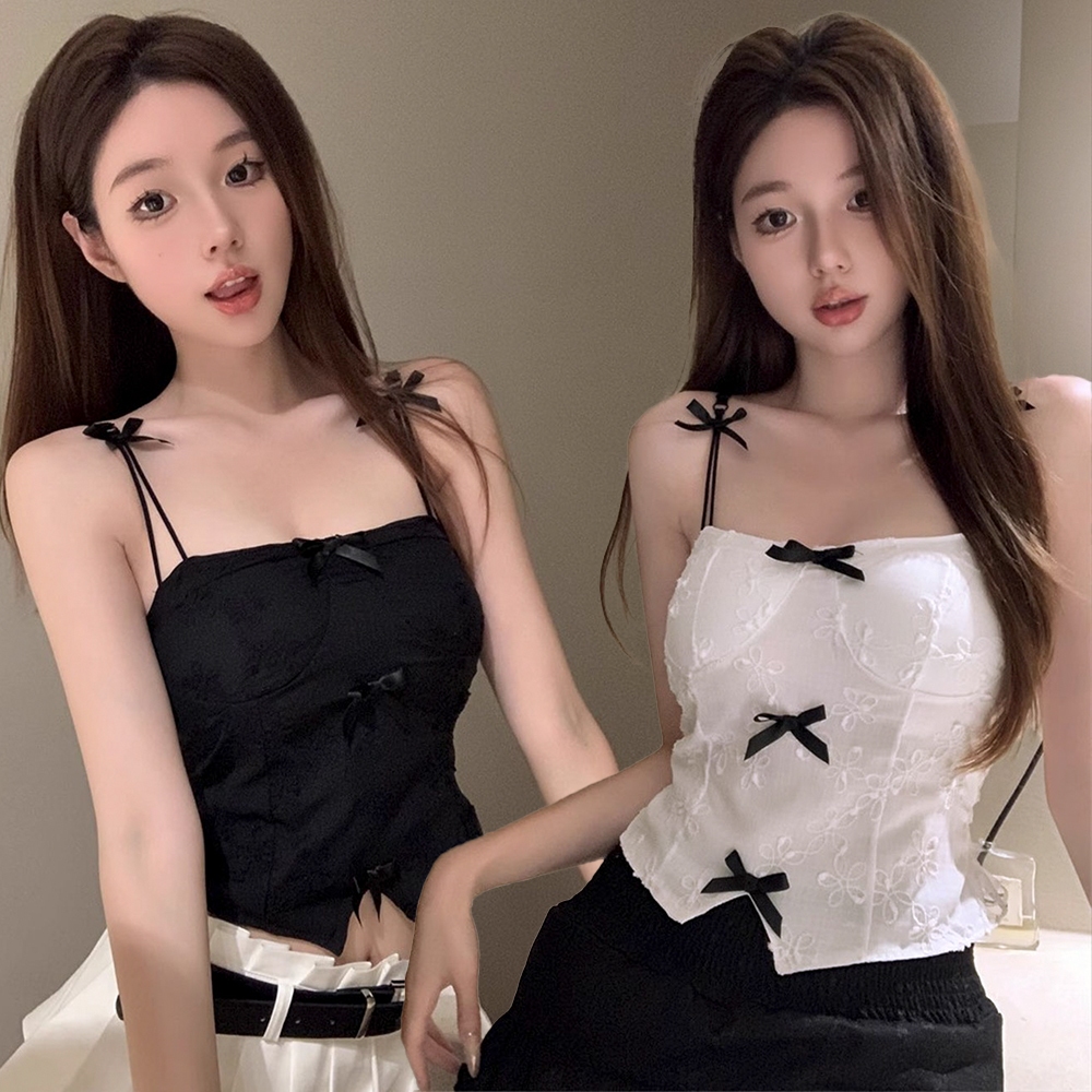 เสื้อสายเดี่ยวดีเทลตกแต่งโบว์ด้านหน้าอก เสื้อผ้าผู้หญิง พร้อมส่งในไทย