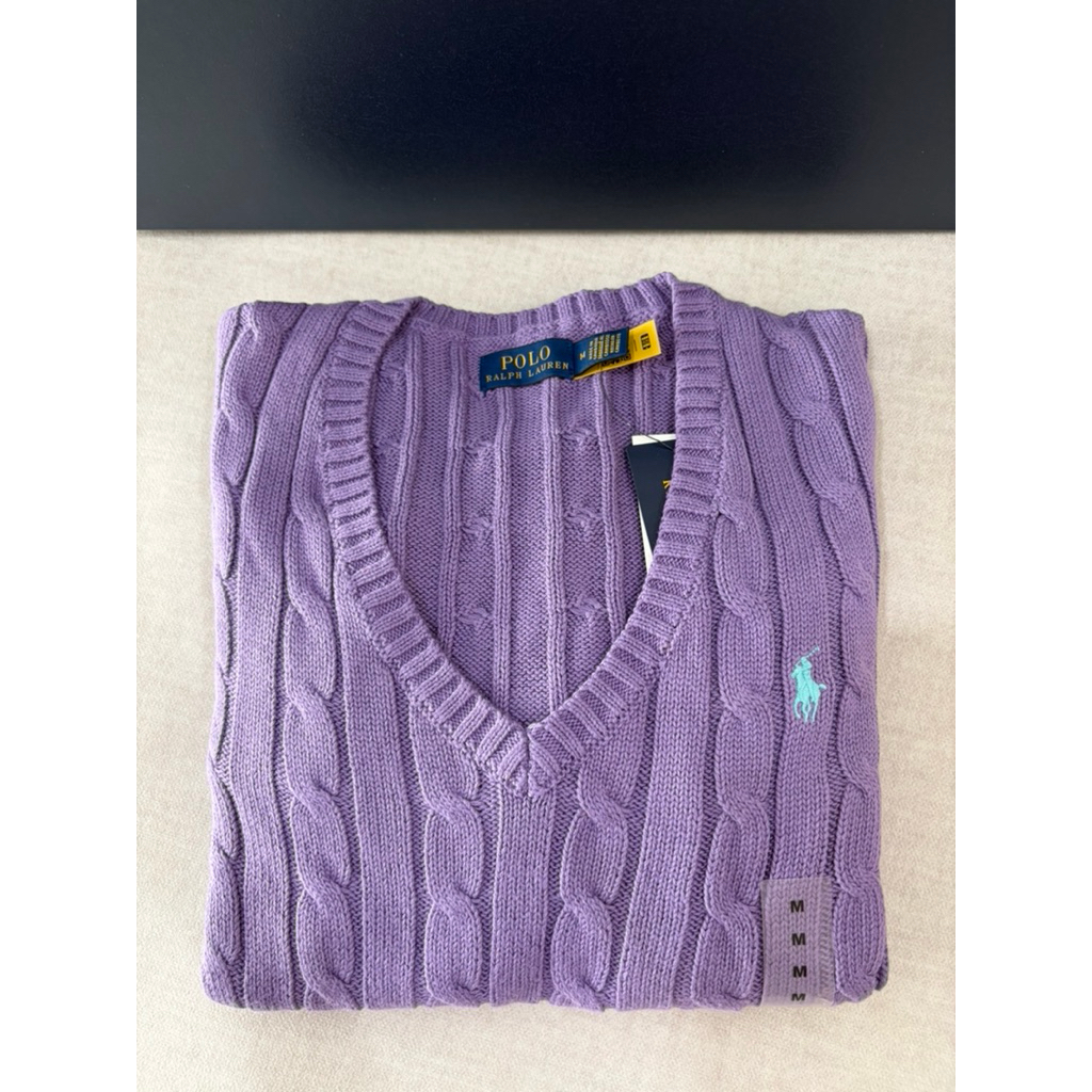 Polo ralph laurenCable-knit Cotton V-neck Sweater Purple สีม่วง ราคา ถูกที่สุด ดีลบีเคเค แกลเลอรีภาพที่ 5