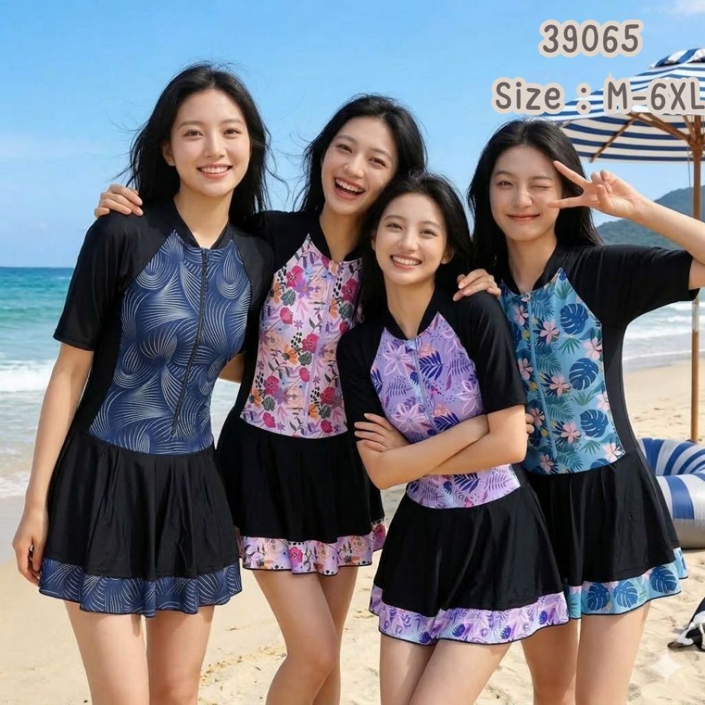 39065 ชุดว่ายน้ำแบบกระโปรง แขนสั้น มีซิป สำหรับผู้หญิง ผ้านุ่ม ไม่บาง (มีกางเกงซับใน)