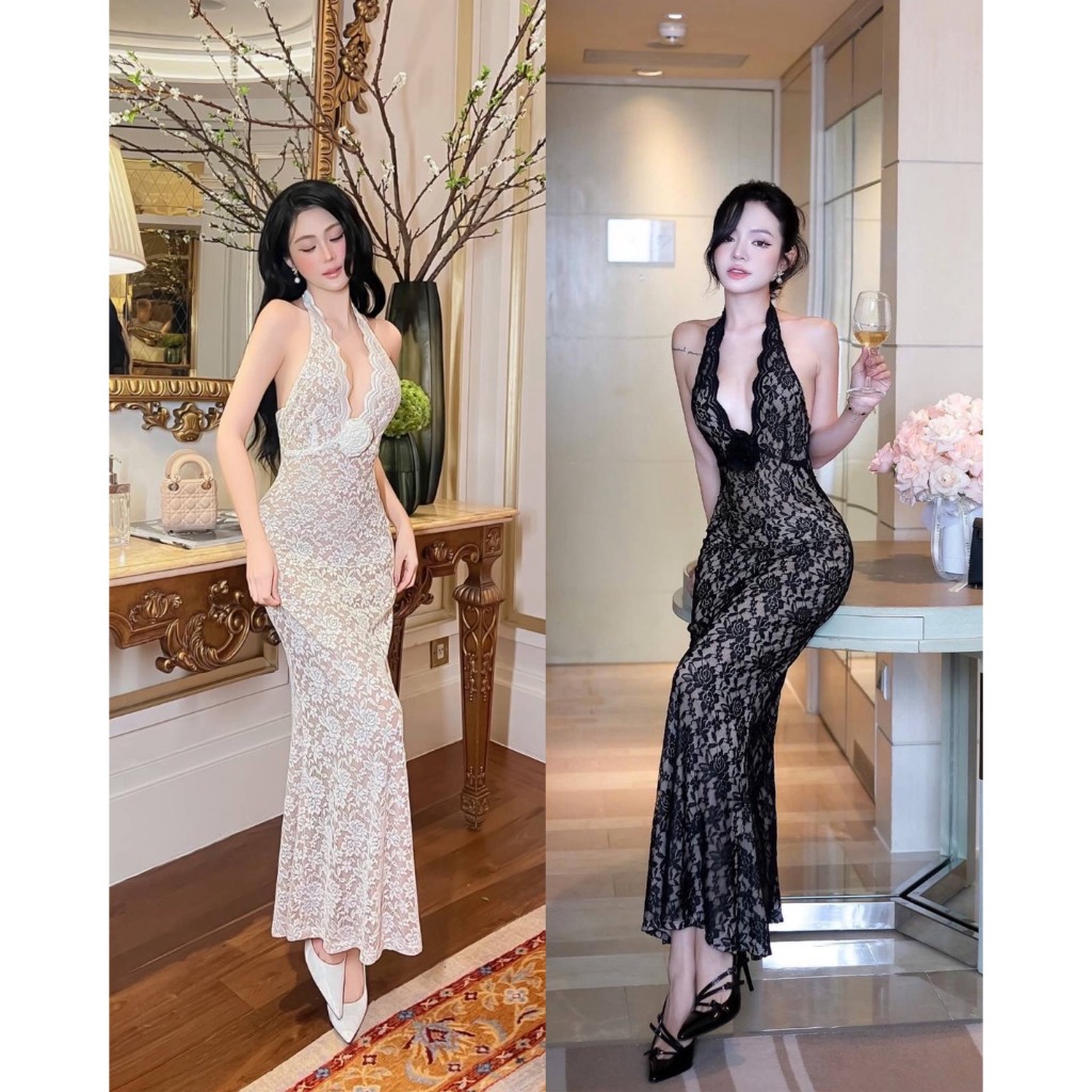 TBB Brand: เดรสคล้องคอ เนื้อผ้าลูกไม้ซีทรูนิ่ม ยืดเข้ารูปมีซับ