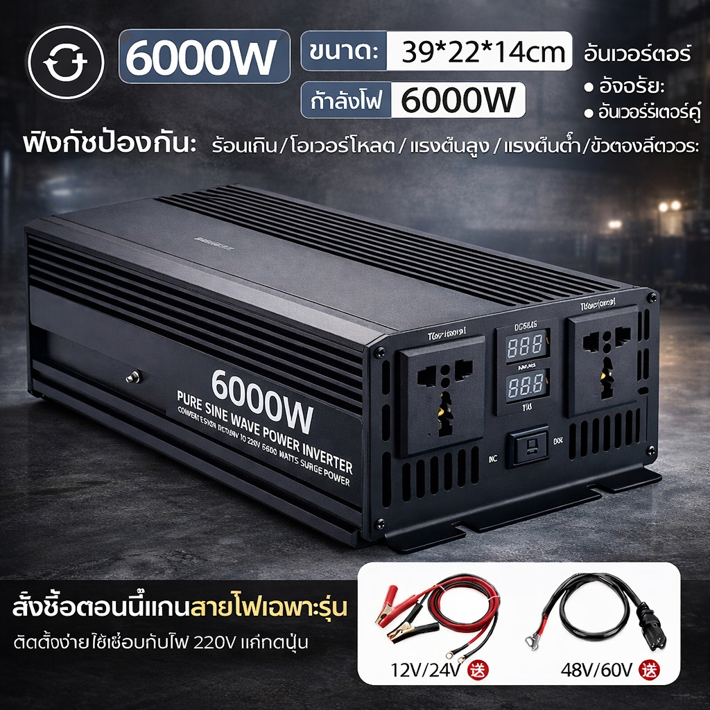 6000W Pure Sine Wave Car Inverter 12V/24V to 220V Power Inverter อินเวอร์เตอร์เพียวซายเวฟ หม้อแปลงไฟ