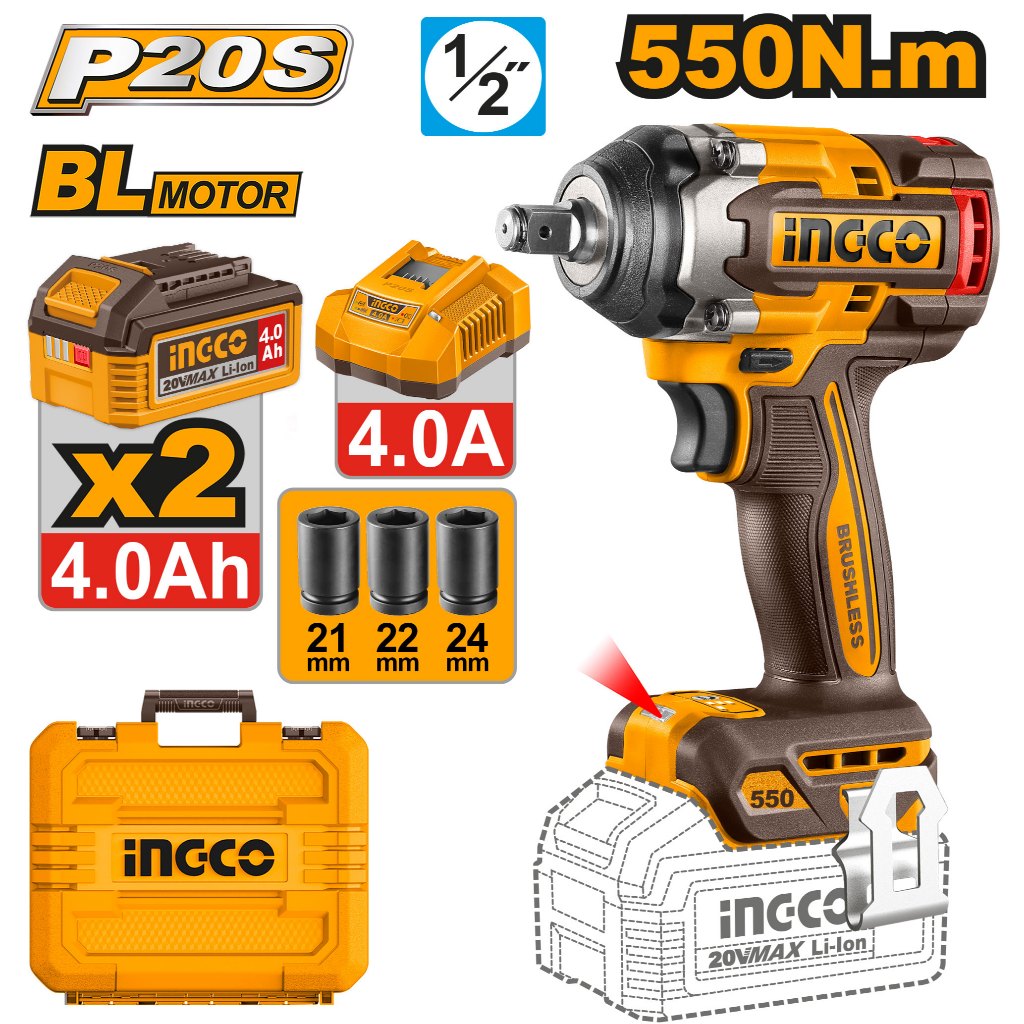 ( รุ่นใหม่มีโหมด AI ) INGCO บล็อกกระแทกไร้สาย  20V 550Nm 1/2 นิ้ว มอเตอร์ Brushless รุ่น CIWLI2055/ CIWLI20551