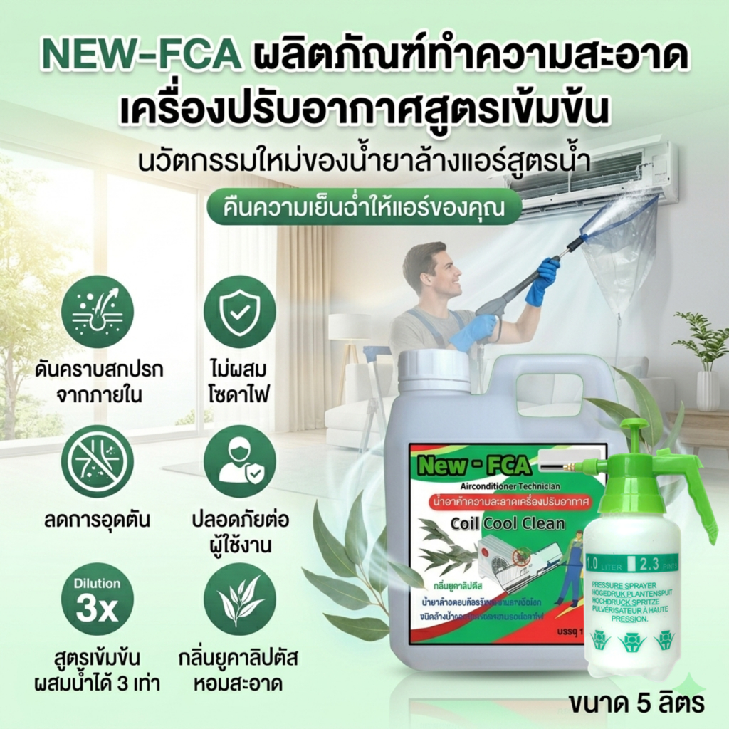 NEW FCA  น้ำยาล้างคอยล์แอร์ ล้างแอร์ สูตรล้างน้ำออก กำจัดสิ่งสกปรก ขจัดคราบฝุ่น กลิ่นยูคาตัส