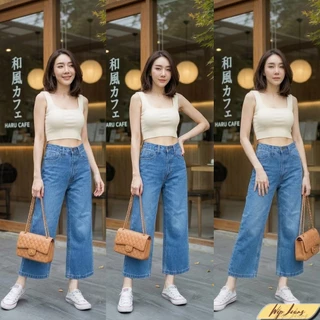 กางเกงยีนส์ขากระบอกทรง7ส่วนเอวสูงมีไซส์ใหญ่ S ถึง 5XL ขาเต่อใส่สบาย พรางหุ่นเป๊ะ แมตช์ง่ายได้ทุกลุค B004