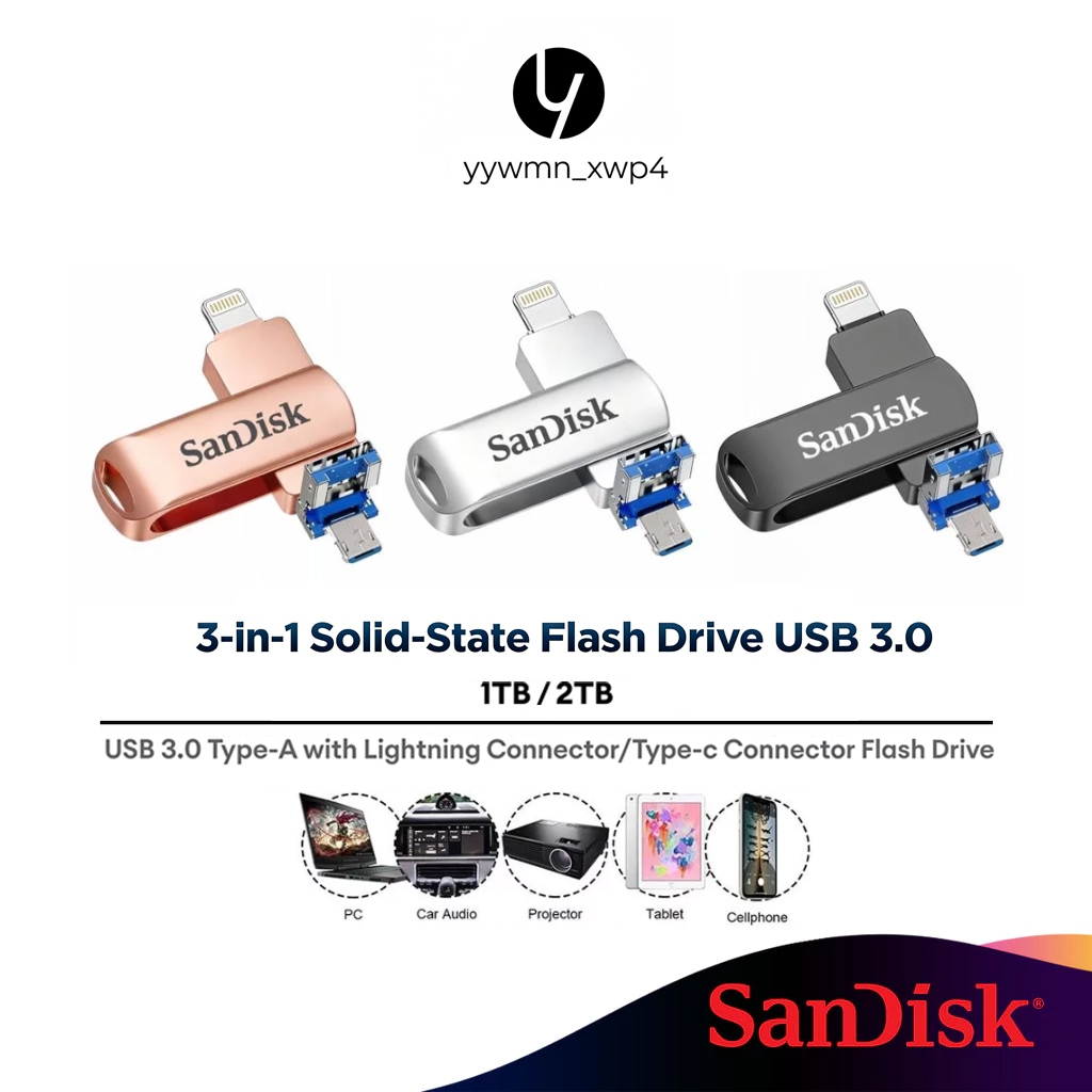 s­a­n­d­i­s­k­ OTG 3-in-1 USB 3.0 ความเร็วสูง 1TB/2TB กันน้ำสำหรับจัดเก็บข้อมูล iPhone รูปภาพและวิดีโอ iOS/คอมพิวเตอร์