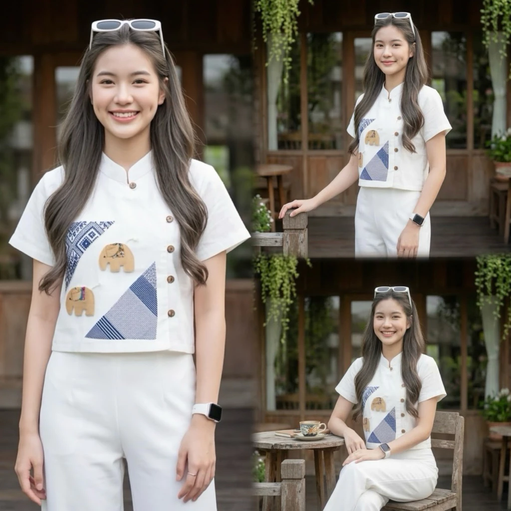 เสื้อพื้นเมืองผู้หญิงคอจีนป้ายแต่งแถบลายไทยติดตุ๊กตาลายช้าง