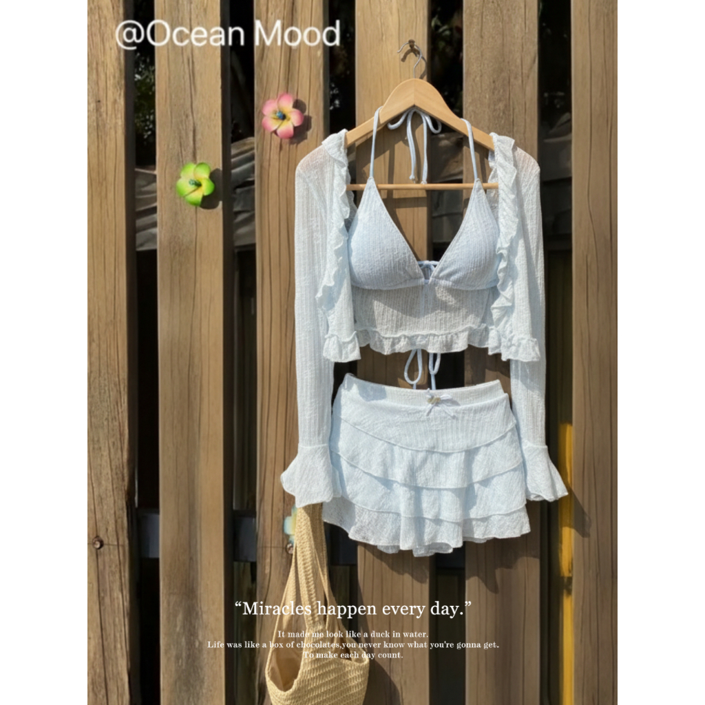 บิกินี่เซ็ต 4 ชิ้น ชุดไปทะเลสไตล์ คาร์ดิแกนกันแดด+กระโปรงแต่งโบว์ สไตล์ Coquette | Ocean Mood