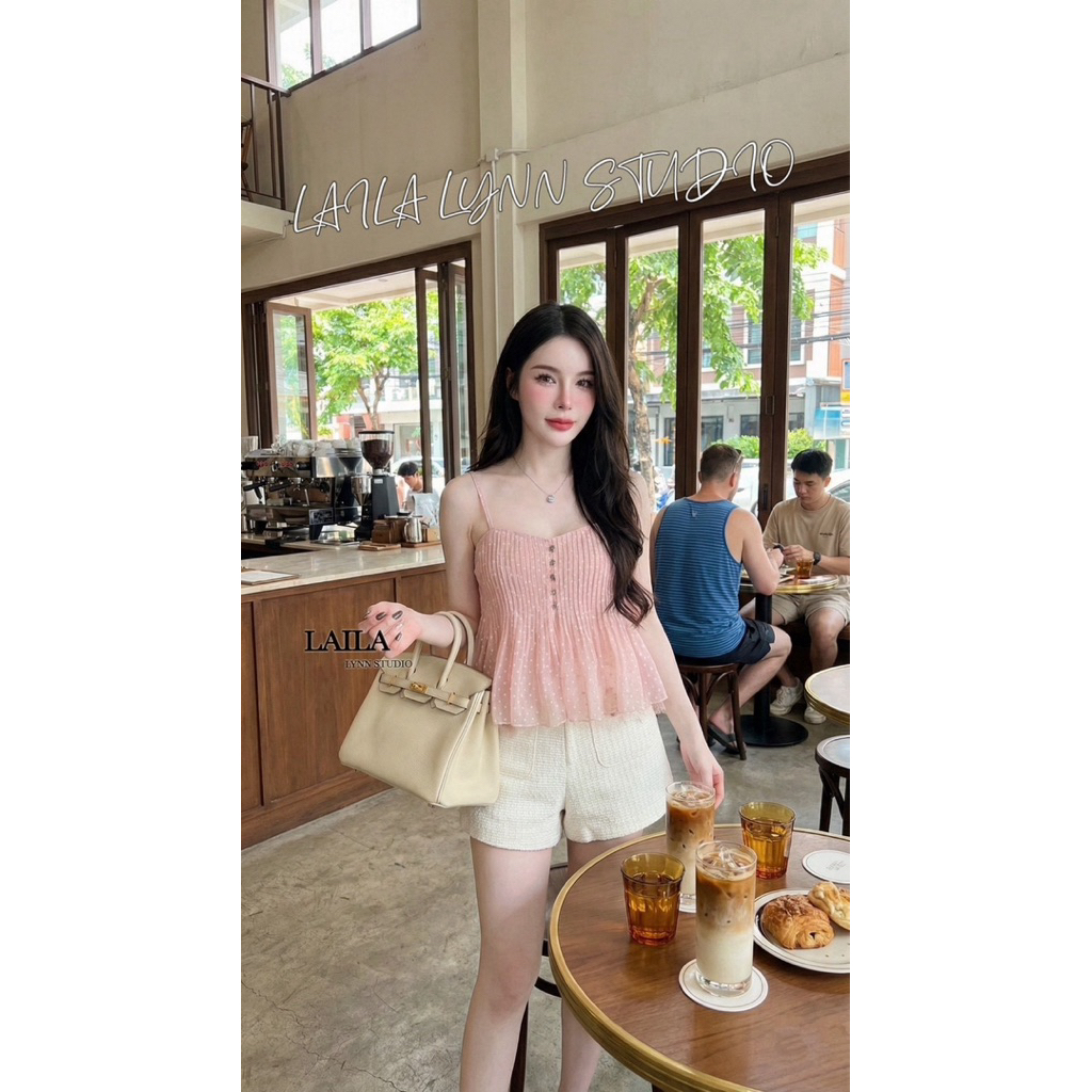 Pink Dot Camisole Set เซ็ตสายเดี่ยว + กางเกง ผ้าทวิต รูปที่ 2