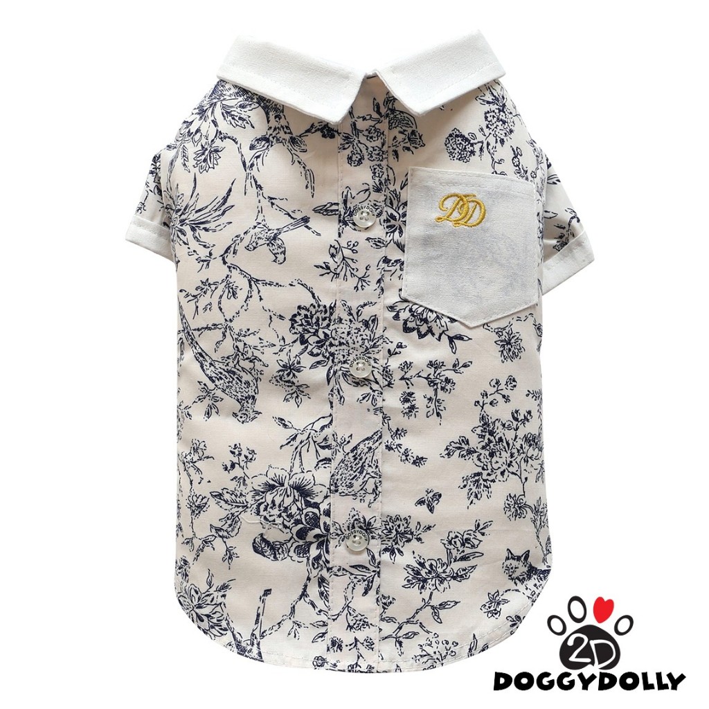 Petcloths -Doggydolly  เสื้อผ้าแฟชั่น  สัตว์เลี้ยง  หมาแมว เชิ๊ตลาย สีขาวครีม คอปก มีแขน  ขนาดไซส์ 1-9 โล S240