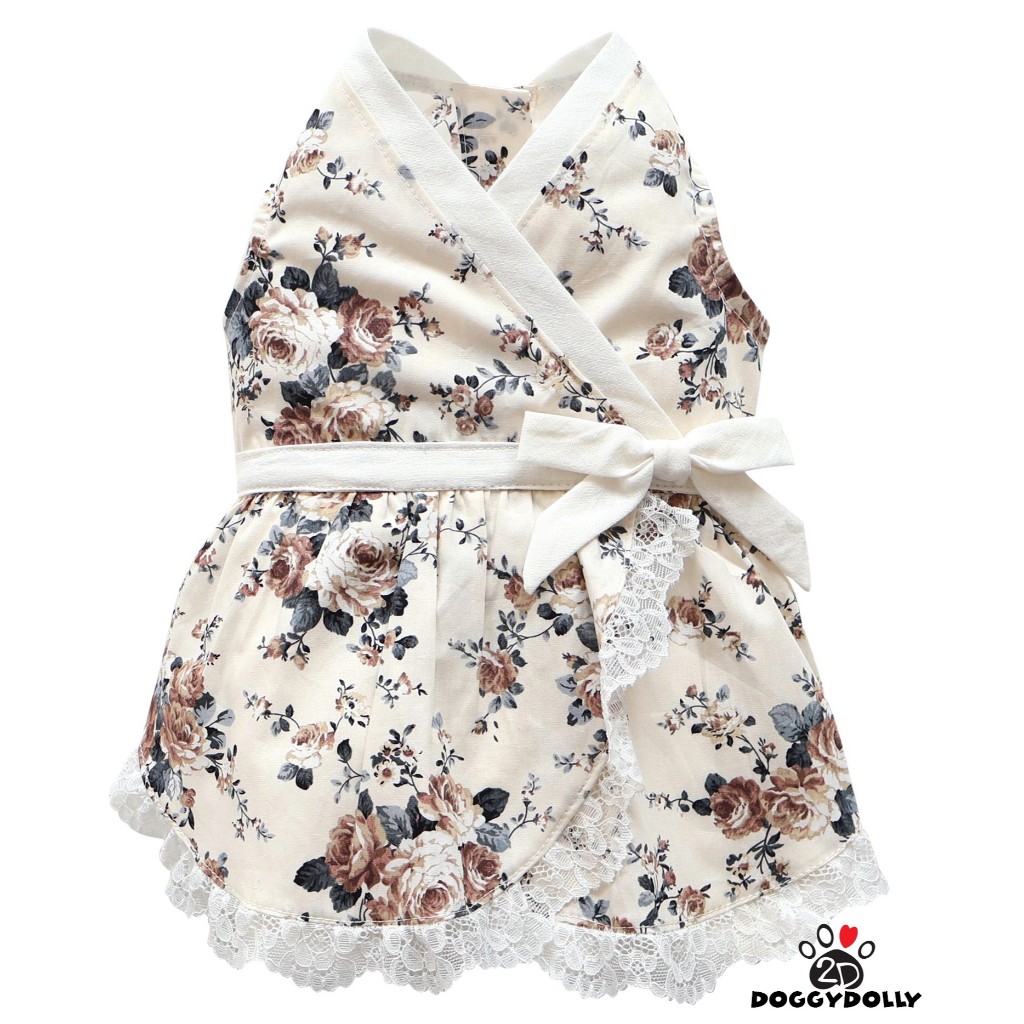 Pet clothes -Doggydolly  เสื้อผ้าแฟชั่น น้องหมาน้องแมว  สัตว์เลี้ยง ชุดกระโปรง ขาวครีม ลายดอก  D970 ขนาด1-9โล