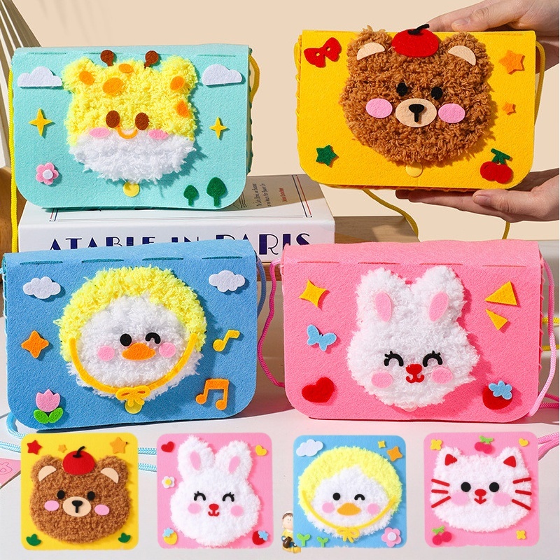 ชุดอุปกรณ์เย็บผ้าสักหลาด DIY กระเป๋าแฮนด์เมด ชุดวัสดุปัก ลายการ์ตูนสัตว์ หัตถกรรมเพื่อการศึกษา