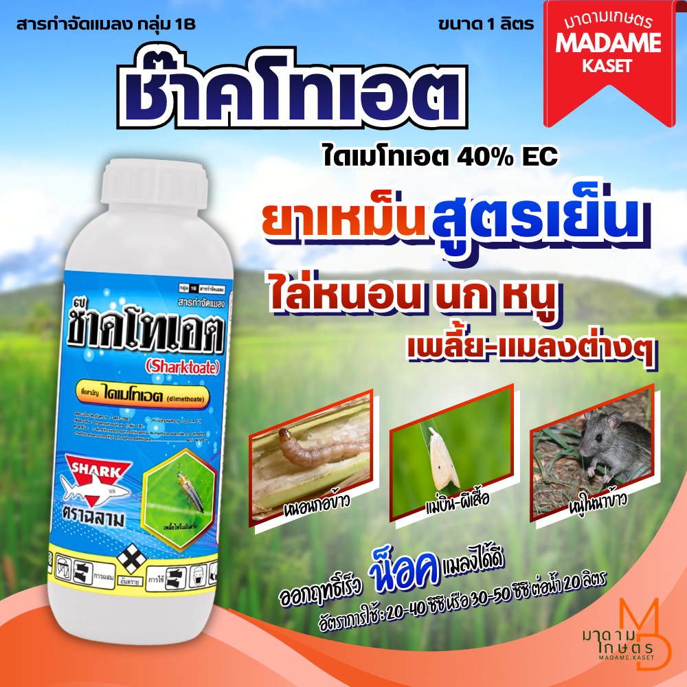 ช๊าคโทเอต (ไดเมโทเอต 40% กลุ่ม1B) สูตรเย็น กลิ่นเหม็นไล่นก-หนู ป้องกันและกำจัดแมลงหวี่ขาว เพลี้ยแป้งเพลี้ยออ่อนหรือเพลี้