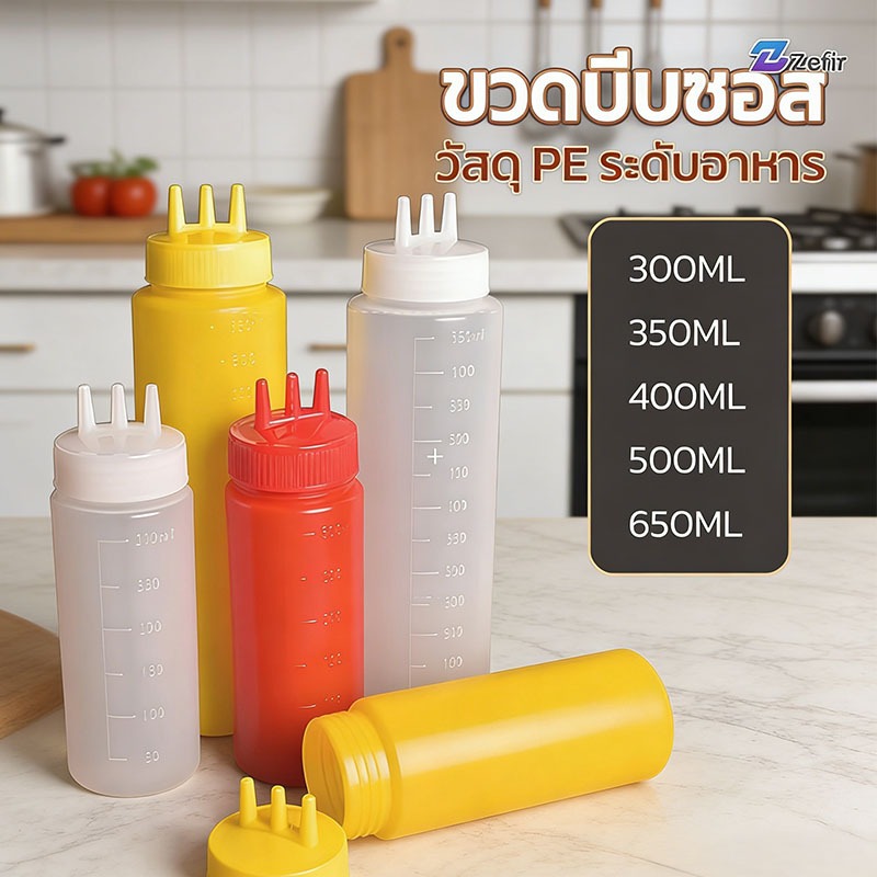 Zefir ขวดปั๊มซอส 3 หัว วัสดุ PE เกรดอาหาร มีมาตรวัด หลายขนาด