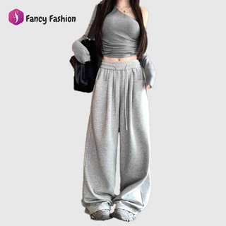Fancy กางเกงลำลองสตรี กางเกงสเวตขากว้าง กางเกงเอวสูง เอวยางยืดมีเชือกผูก ผ้าใส่สบาย