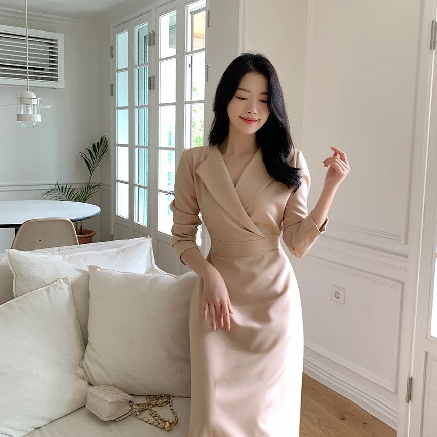 เดรสสูทสไตล์เกาหลี มินิมอล เดรสแฟชั่น อ๊อฟ เดรสคอ V ใส่พรางต้นแขน ดีมากกก fitteddress