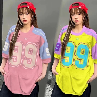 เสื้อยืดเบสบอลคนอ้วนไซส์ใหญ่สำหรับผู้หญิง oversize สกรีนลายเท่ สไตล์​เกาหลี เสื้อกีฬา ลําลองทรงหลวม preppy style 3XL