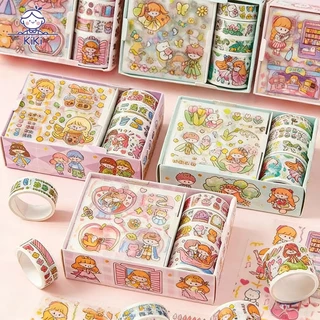 KiKi สติกเกอร์น่ารัก + เทปวาชิ ลายการ์ตูนคิ้วท์ 4 แผ่น + 4 ม้วน เซ็ต DIY ตกแต่งสมุด ของขวัญสุดคิ้วท์
