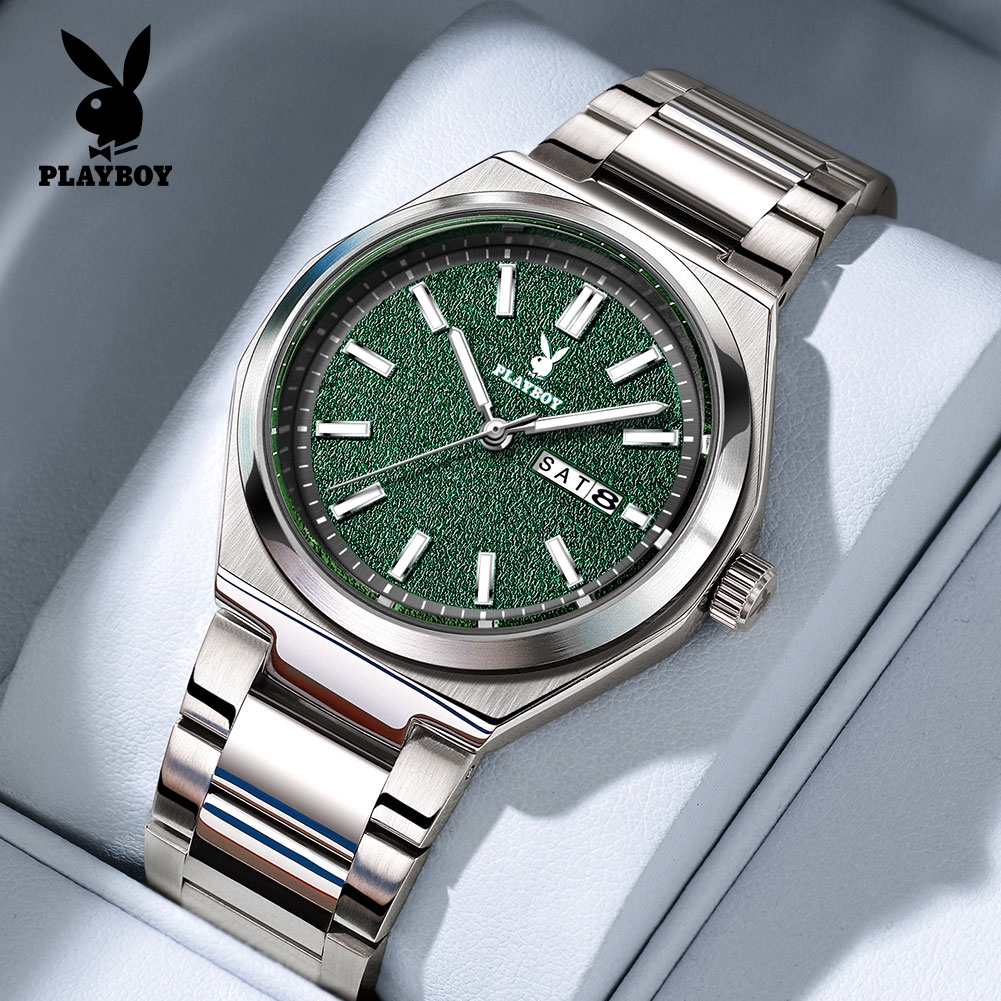 PLAYBOY ผู้ชาย นาฬิกา watch 100% ของแท้ แฟชั่น เทรนด์ สีเขียว หน้าปัดที่มีพื้นผิว 3110