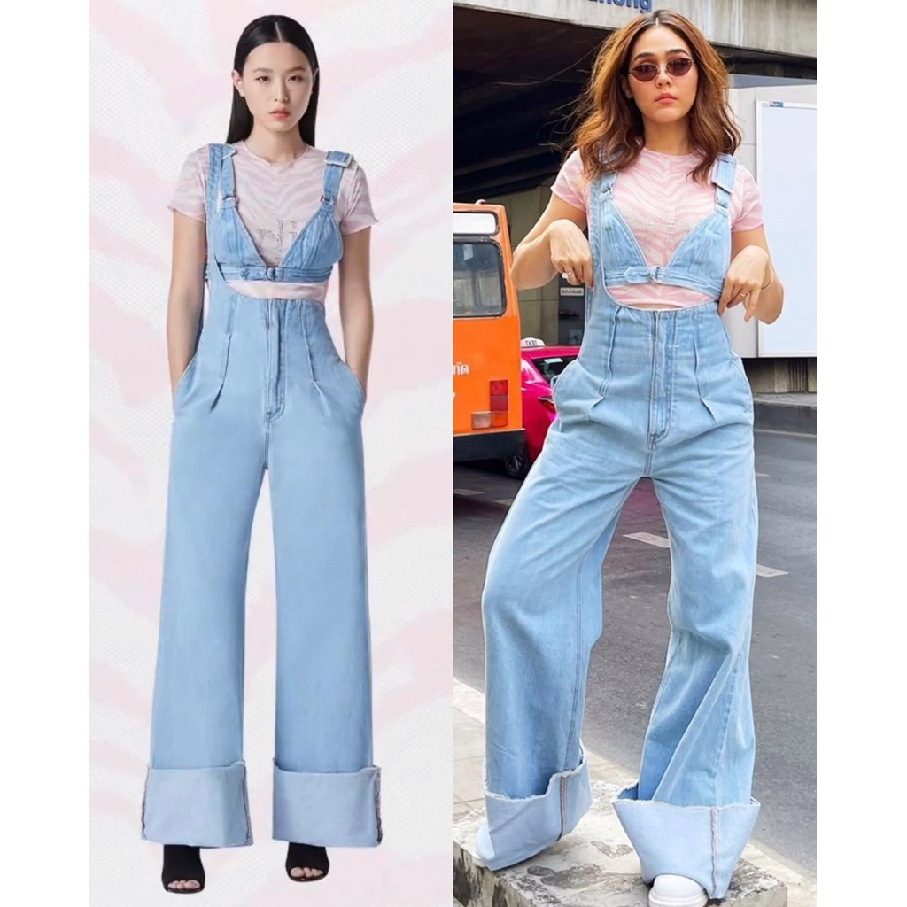 Pony stone เอี๊ยมยีนส์เอวสูง สายปรับได้ แบรนด์ Pony stone