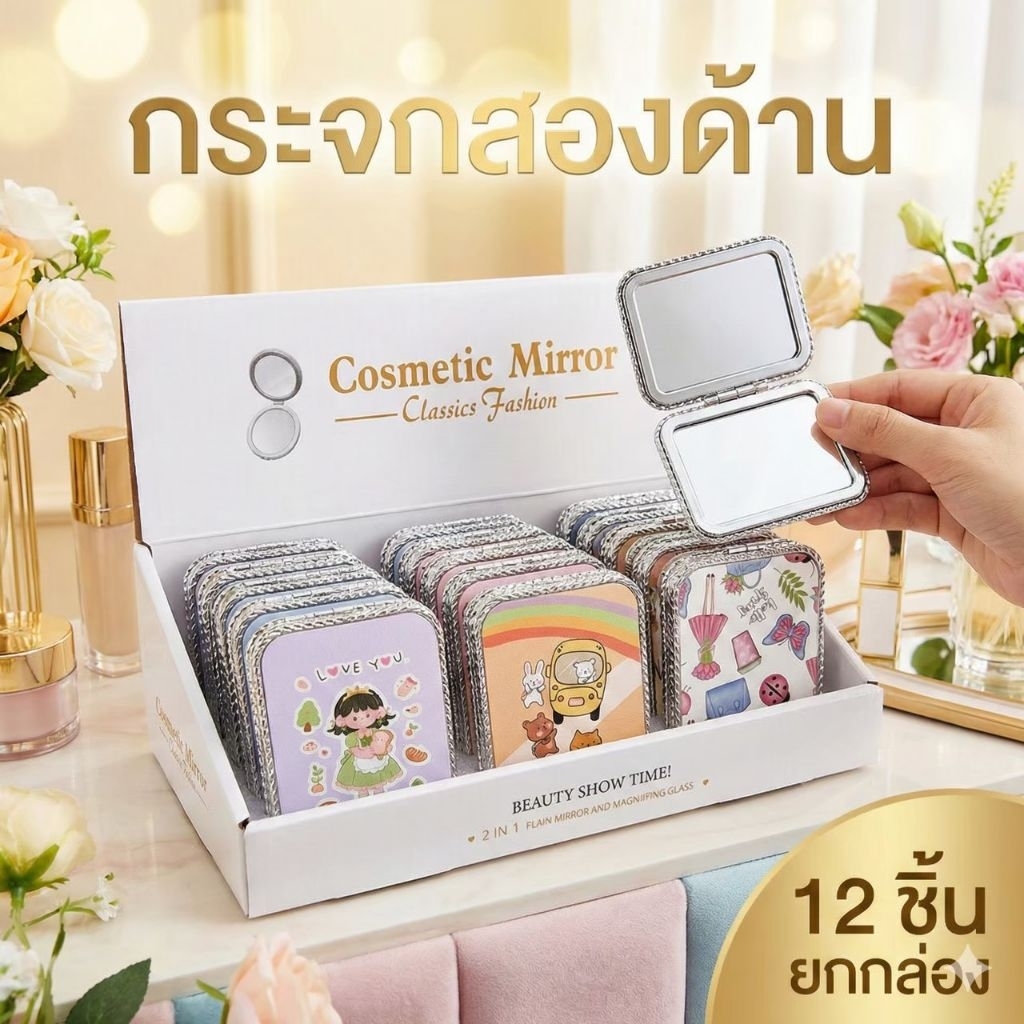 ยกกล่อง 12 ชิ้น กระจกพับสองด้าน คละลาย มีฝาพับเปิด-ปิดได้ ขนาดพกพา