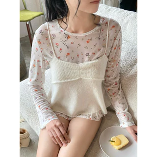 -𝐂𝐡𝐢𝐯𝐚- | เซ็ต 2 ชิ้น เสื้อสายเดี่ยวไหมพรม+เสื้อแขนยาวซีทรูชายระบาย