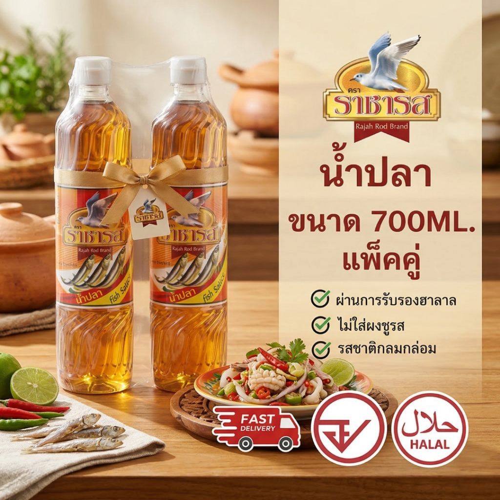 ราชารส Rajahrod ซอสรสน้ำปลา (ฉลากส้ม) 700cc. แพ็คคู่ 2 ขวด ซอสปรุงรส น้ำปลา ฮาลาล เครื่องปรุงทำอาหาร