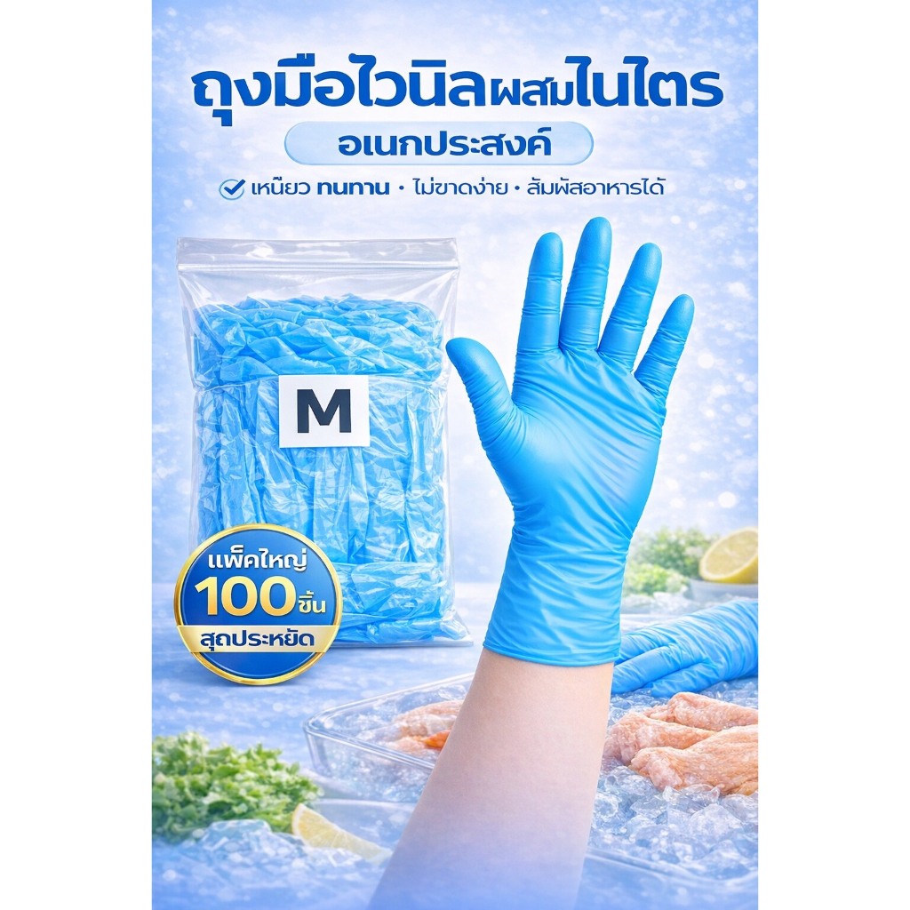 VBB50 ถุงมือไวนิล สีฟ้า ไม่มีแป้ง 100ชิ้น/ถุง ยาว 9นิ้ว หนัก 5กรัม