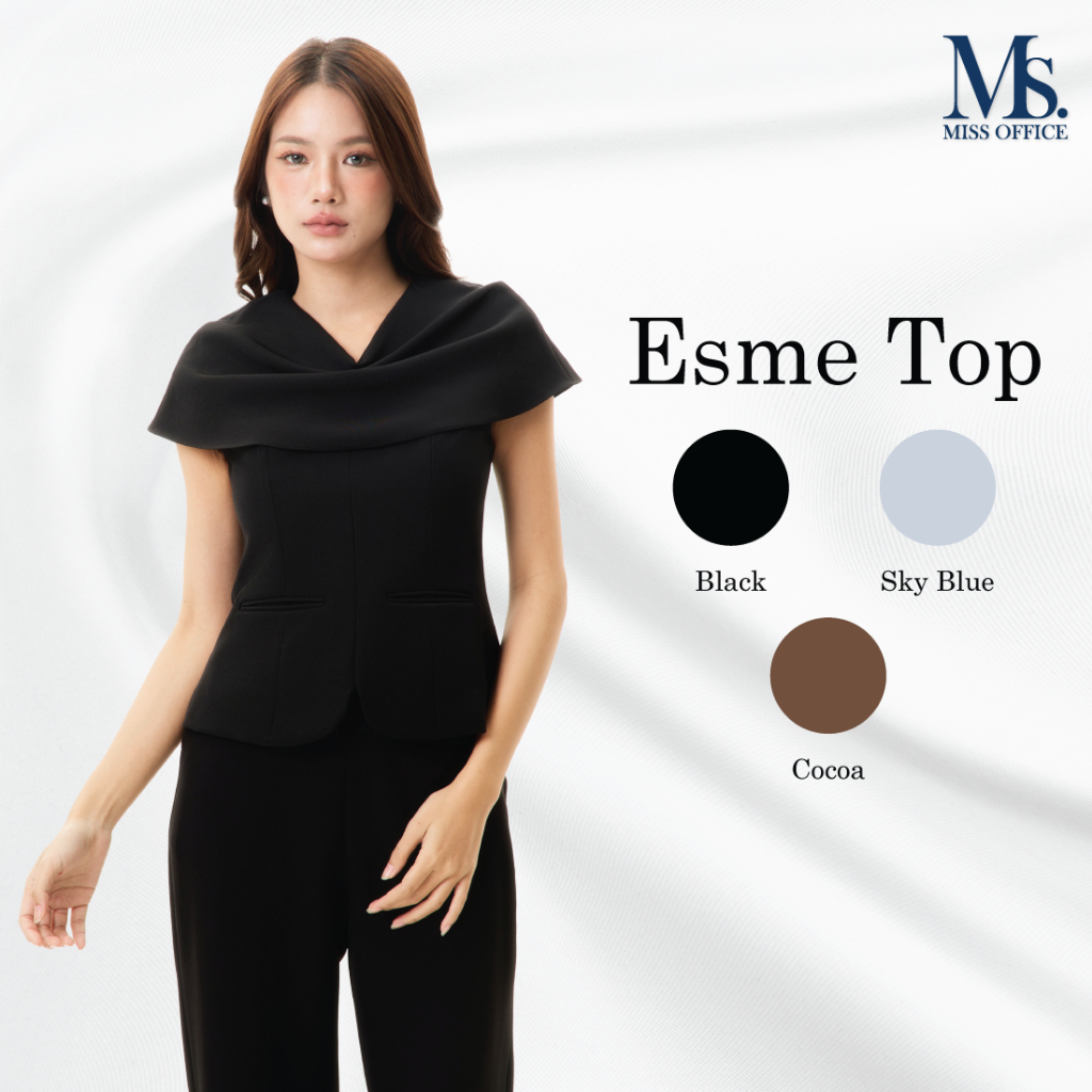 Miss Office เสื้อคอวีแต่งคอถ่วงกระเป๋าเจาะ (Belinda top : MT-396)