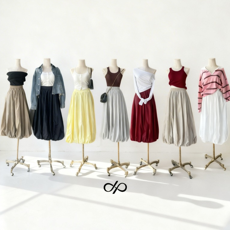 Hofstore2026 - Balloon skirt #H014 กระโปรงพองยาว ยาว 33 นิ้ว ซับในทั้งตัว ผ้าไม่ยับ