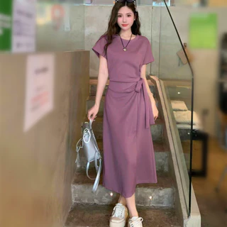 628 เดรสยาวผูกเอว แขนสั้น ผ่าข้างเซ็กซี่ ทรงเข้ารูป ความยืดหยุ่น สไตล์ใหม่รับซัมเมอร์ สไตล์ฝรั่งเศส