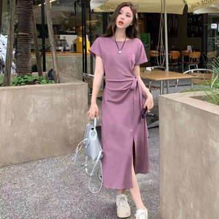 628 เดรสยาวผูกเอว แขนสั้น ผ่าข้างเซ็กซี่ ทรงเข้ารูป ความยืดหยุ่น สไตล์ใหม่รับซัมเมอร์ สไตล์ฝรั่งเศส