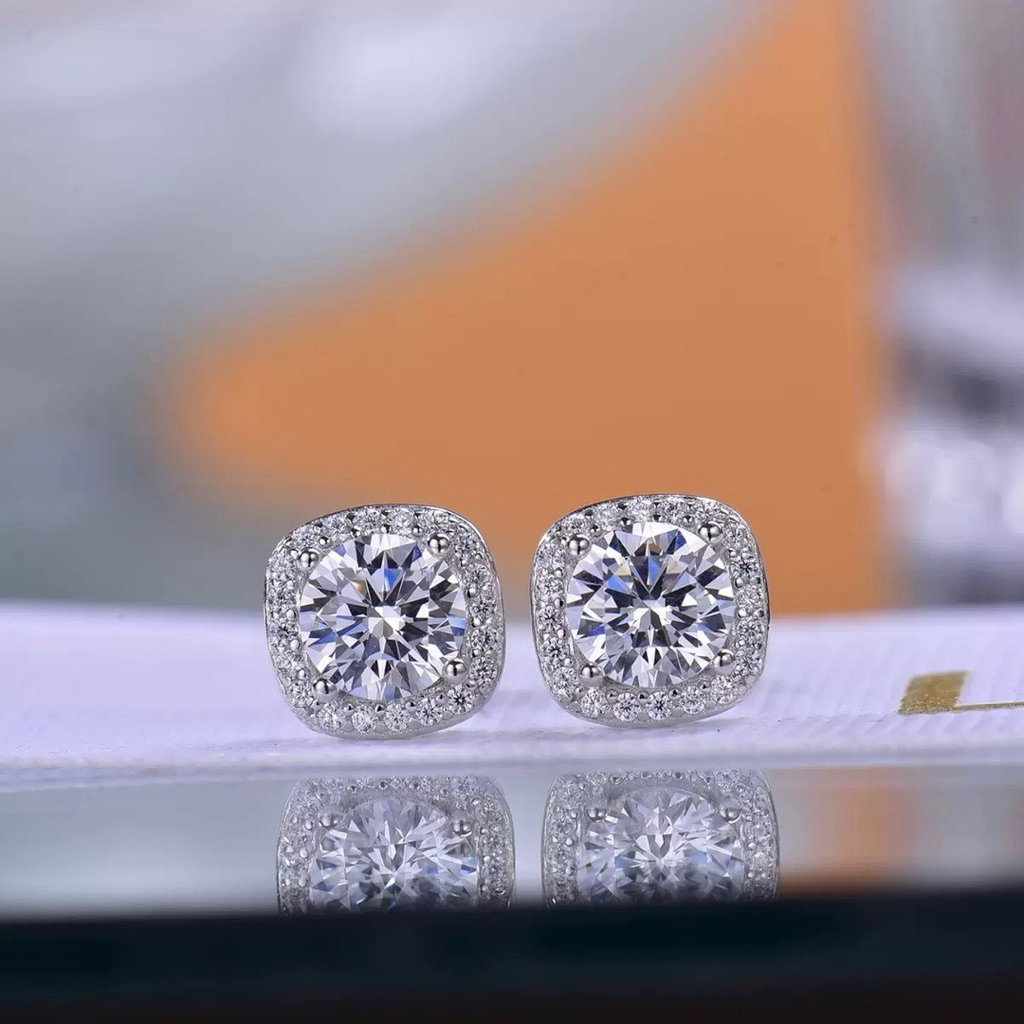 ต่างหูเงินแท้ ฝังเพชร moissanite ชุบทองคำขาว 18k