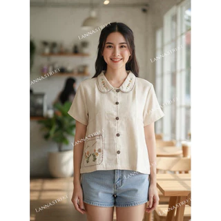 เสื้อผ้าฝ้าย คอบัว ปักดอกไม้