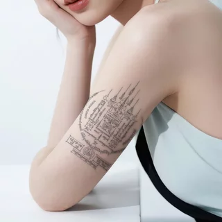 Magic tattoo สติกเกอร์รอยสักชั่วคราวลายอักษรไทย กันน้ำ ติดทนนานถึง 15 วัน ผลิตจากสมุนไพร คัมภีร์นำโชค