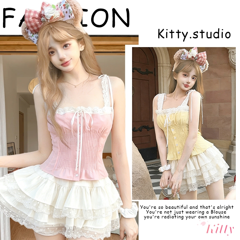 Kitty พร้อมส่ง🌸 ขอบลูกไม้ เเต่งเข็มขัดใหญ่อก กระโปรงสั้น เสื้อเซ็กซี่ผู้หญิง สไตล์คาวาอี้ สไตล์สุภาพหรู ใส่ไปทะเล น่ารัก