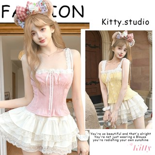 Kitty พร้อมส่ง🌸เสื้อสายเดี่ยว🌸ลูกไม้ รัดรูป ครอป เชือกผูกหน้…