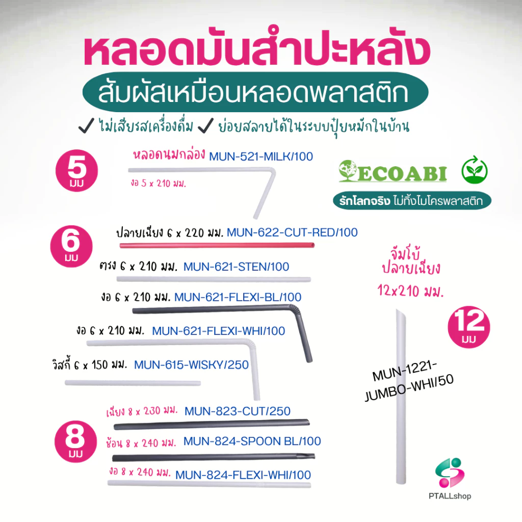 หลอดมันสำปะหลัง 5-12 มม. เนื้อสัมผัสเหมือนพลาสติก ย่อยสลายได้จริงมีใบรับรอง