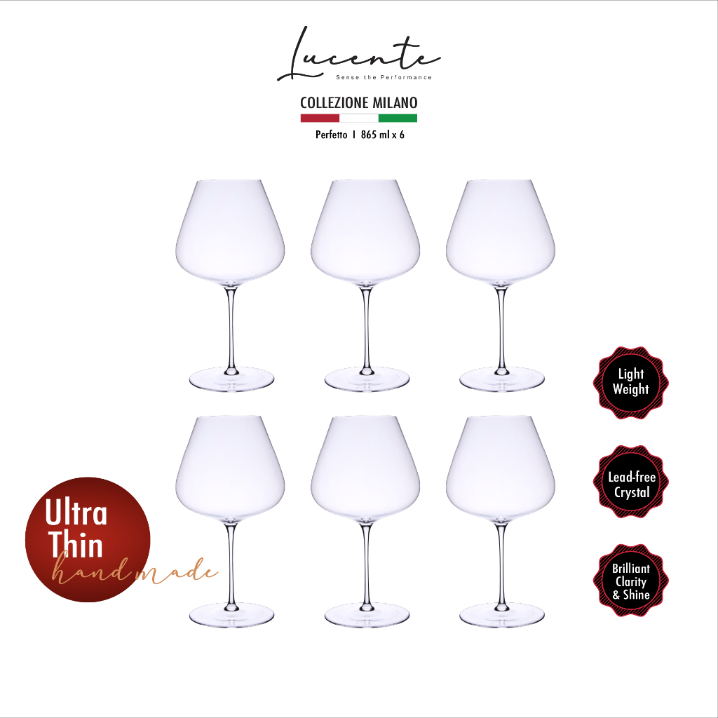 Lucente Perfetto 865ml แก้วไวน์คริสตัล Handmade บางและเบาพิเศษ เพียง 114g แก้วไวน์แดง Burgundy (Pack of 6/ 8/12 )