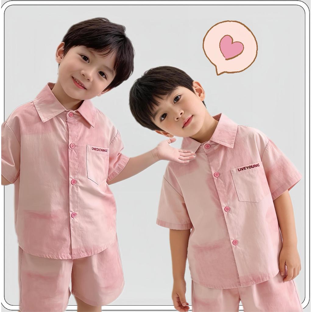 MC212 ชุดเด็กสีชมพู เสื้อเชิ้ต + กางเกงขาสั้น น่ารัก ใส่สบาย ระบายอากาศได้ดี