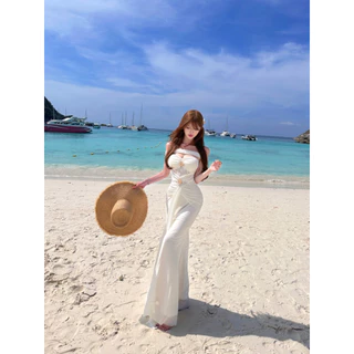 แม็กซี่เดรส หางปลา ผ้าตาข่าย สีครีม พร้อมสายคล้องคอ/ไหล่เอวแต่งลูกไม้ซีทรู จับจีบระบายหน้า แถมฟรี เข็มกลัดดอกไม้ #8187