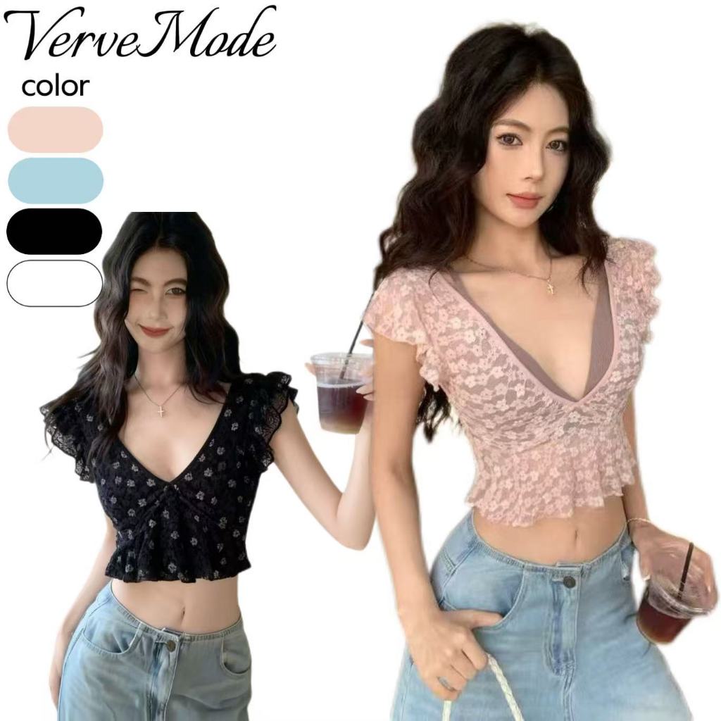 VerveMode.🍓จัดส่งในประเทศไทย🍓  เสื้อเชิ้ตลูกไม้คอวีลึกซีทรูเซ็กซี่สำหรับผู้หญิงในช่วงฤดูร้อน ลายดอกไม้สไตล์ฝรั่งเศส สีชม