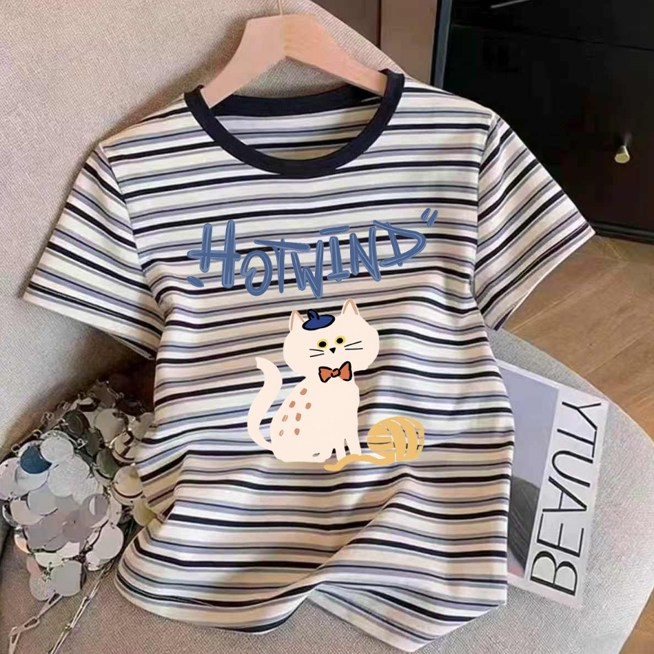 เสื้อยืดลายทางลายสุนัขสุดน่ารัก สไตล์เกาหลี ผ้าคอตตอนคุณภาพดี M-3XL ใส่สบายไม่ร้อน เหมาะใส่ทุกวัน