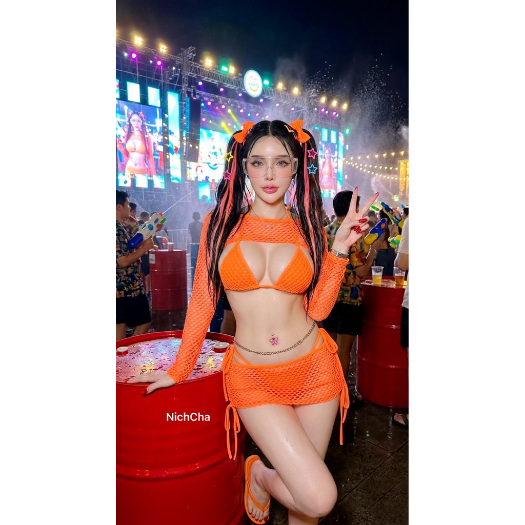 #Nicha Set4ชิ้น เสื้อแขนยาวคอกลมเปิดอกผ้าตาข่าย บรา ผูกคอหลัง บิกินี่ กระโปรงสั้นรูดข้าง ผ้าตาข่าย แซ่บ