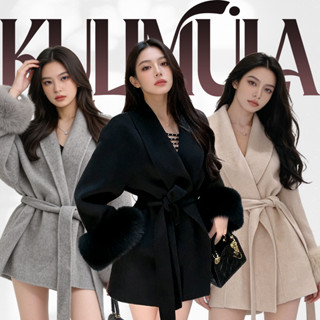KULIMULA เสื้อคลุมแขนขน แต่งขนจิ้งจอกโดดเด่น เข็มขัดรัดเอวสไ…
