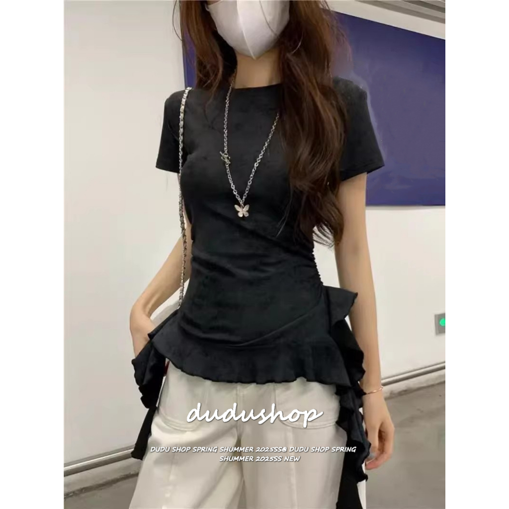 [Trendy casual short-sleeved T-shirt]เกาหลีรุ่นวินเทจผู้หญิงเทรนด์ไม่สมมาตรลำลองแขนสั้นเสื้อยืด