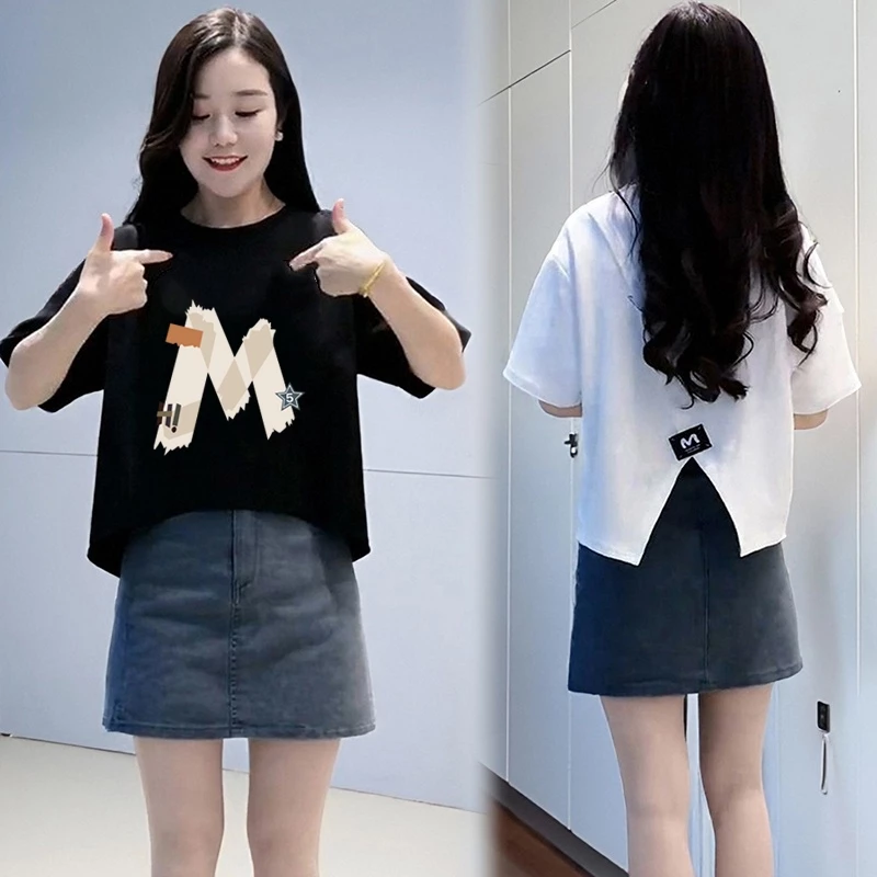 เสื้อครอปสาวอวบน่ารักสไตล์เกาหลี oversize เสื้อผ้าคนอ้วนไซส์ใหญ่ เสื้อยืดสวยๆผู้หญิงฤดูร้อนใหม่ ผ่าด้านหลัง ผ้าใส่สบาย