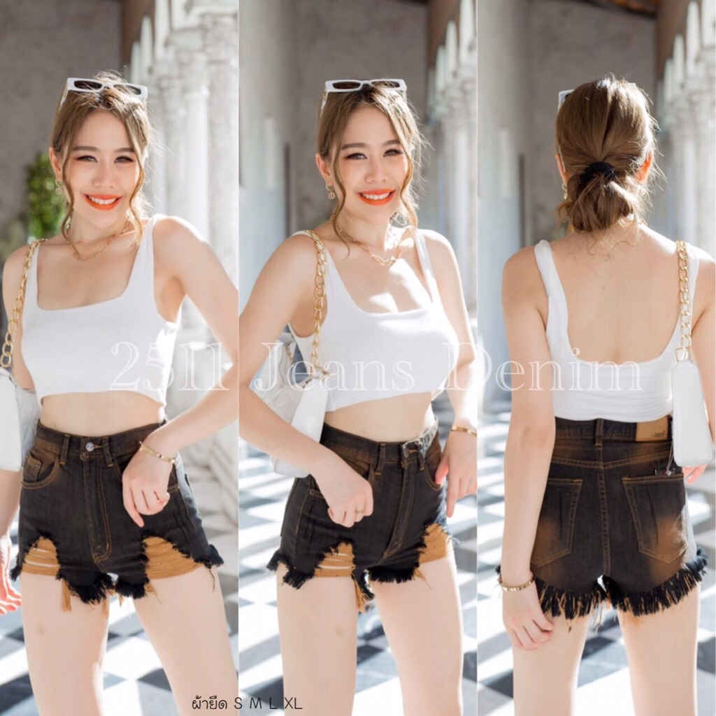 กางเกงยีนส์ขาสั้นเอวสูงผ้ายืดแต่งสวยๆเซ็กซี่ สีสนิมเข้ม มีไซส์ S M L XL ผ้ายืดเล็กน้อยควรเผื่อไซส์